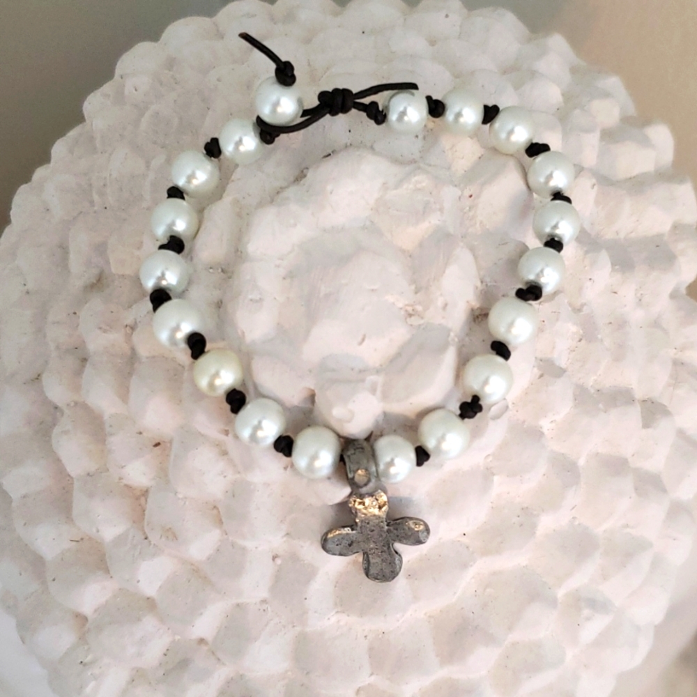 Leather and Pearl Cross Bracelet